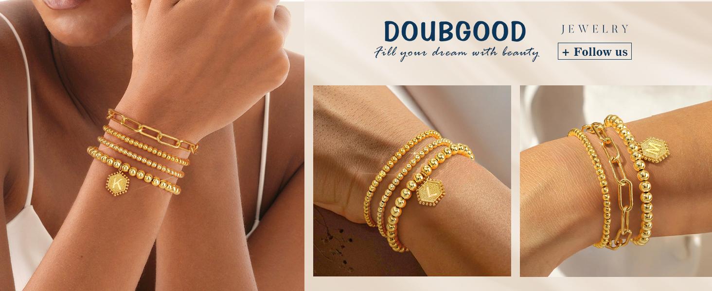 doubgood Gold Bracelets for Women, 14K Gold Plated Stackable Initial Beaded Bracelet with Letter Pendant Waterproof Stretch Trendy Stack Jewelry Set Gifts for Mom Mother's Day