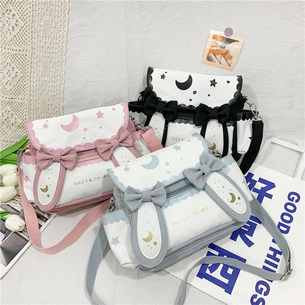 Y2K Cute Girl Lolita Bow Rabbit Shoulder Bag Women Star Moon Canvas Crossbody Bags Korean Kawaii Satchel Bag Sweet Messenger Bag
