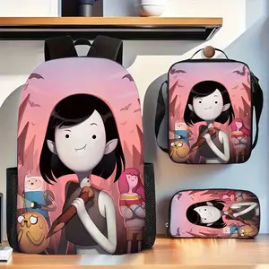 Adventure Time Marlene Finn Jack Bubblegum Princess Pink Twilight Cave Three-Piece School Bag Set includes a backpack, insulated lunch bag, and pencil case, suitable for daily use by teenagers