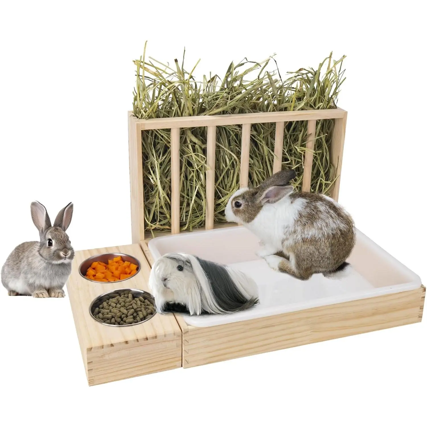 Multi-Use Standing 3-in-1 Wooden Rabbit Hay Feeder with Litter Box, 2 Stainless Steel Bowls, Large Capacity Space Saver Feeding Station, Anti-Waste 3-Part Easy-to-Assemble Design for Bunnies, Guinea Pigs, Rabbits