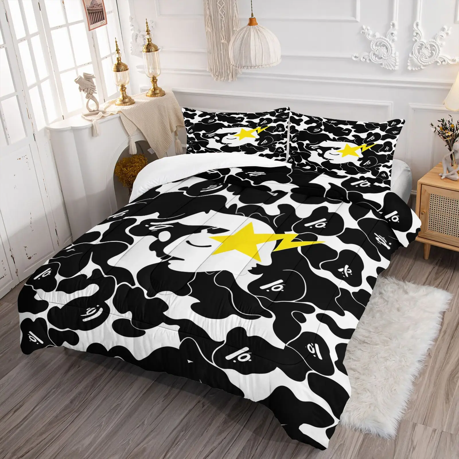 Black White Camo Ape Head Comforter Set (1 Comforter + 1-2 Coreless Pillowcases), Soft Comfy Durable Washable, All Season Microfiber Bedding, Streetwear Camouflage Print Decorative Bed Set for Teens Boys Bedroom Dorm