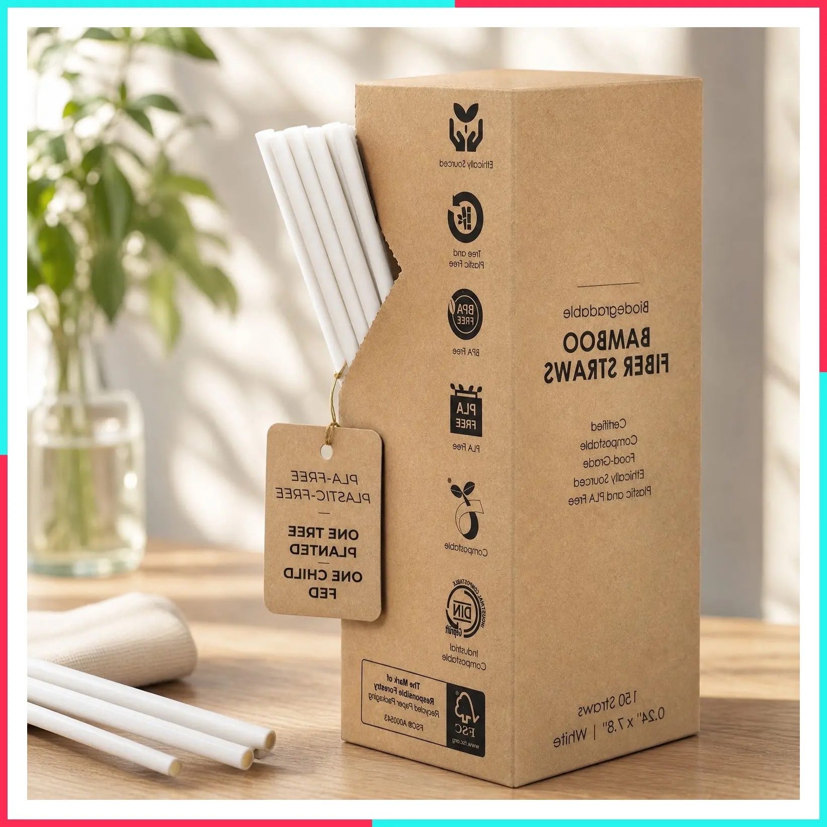 Biodegradable Bamboo Fiber Disposable Straws, 150 Count, 7.8 Inch | 100% Compostable, Eco-Friendly, Plastic-Free White Plant Fiber Straws | Durable for Warm & Cold Drinks