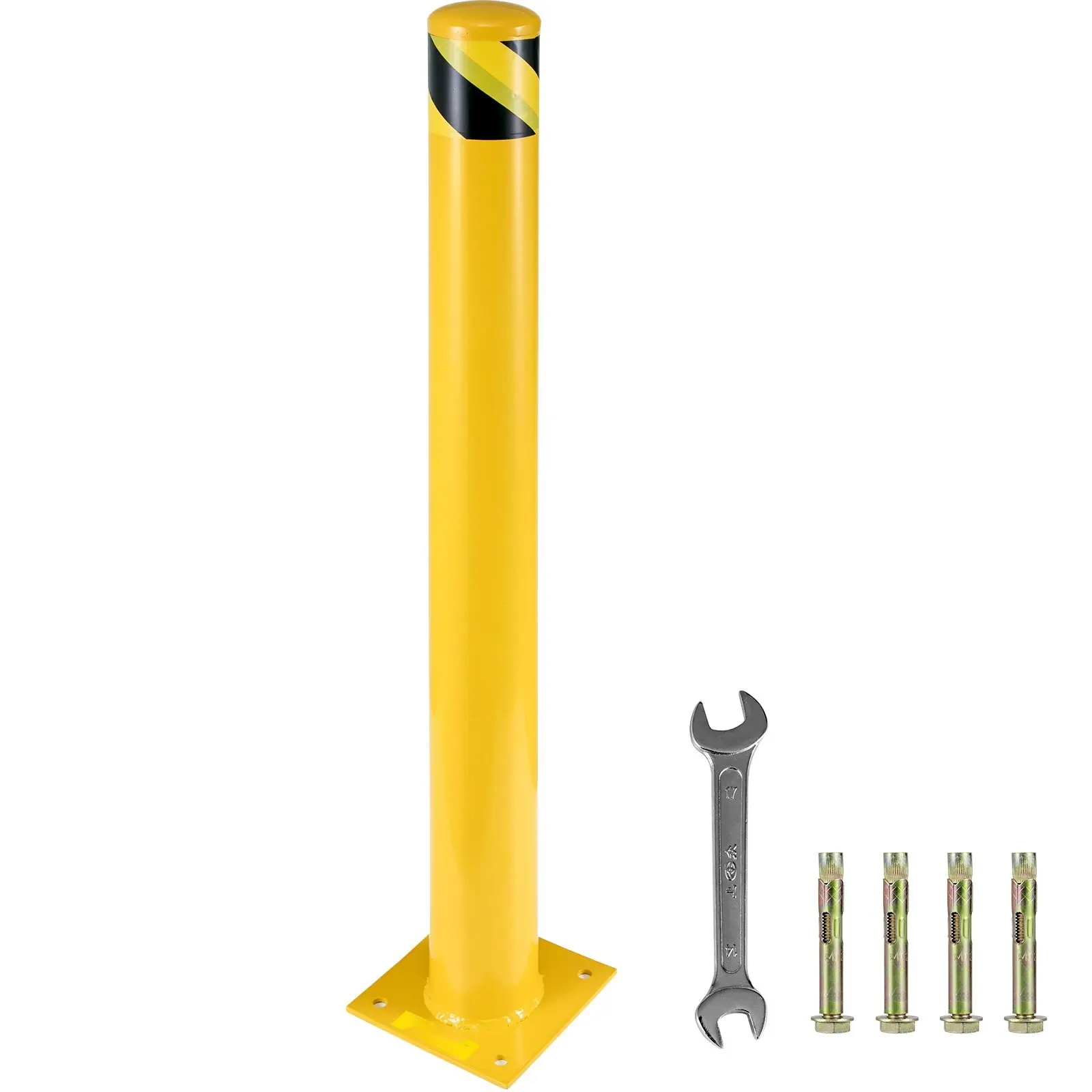 Yellow Powder-Coated Safety Bollard, 48-Inch Tall, 4-1/2-Inch OD Steel Pipe Industrial Traffic Barrier for Parking Lots and Restricted Areas, Heavy-Duty Steel Bollard with Four Free Anchor Bolts for Quick Installation