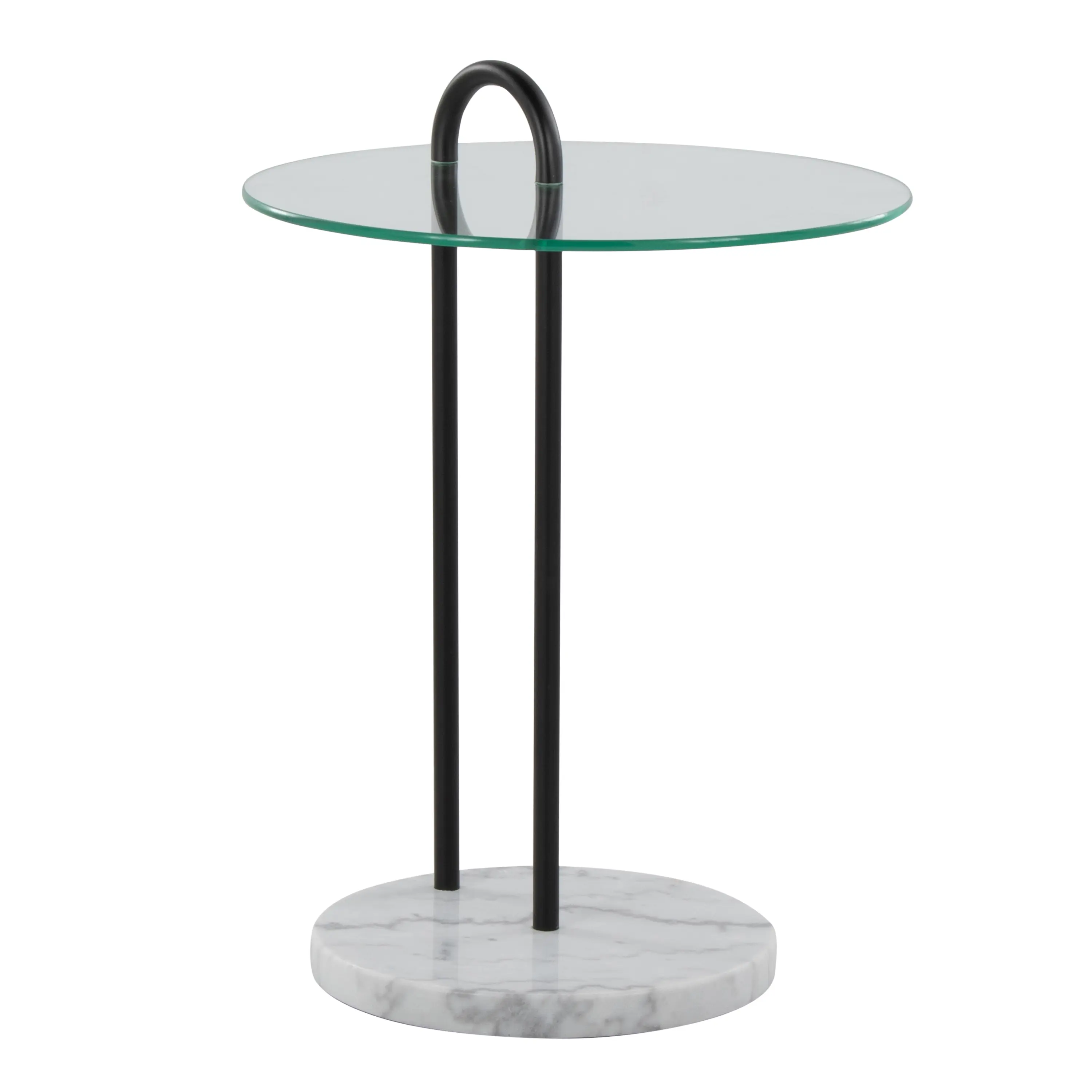 Compact Contemporary Glam End Table - White Marble Top, Black Metal Frame, Transparent Glass Shelf - Modern Accent Side Table for Living Room, Bedroom Indoor Furniture