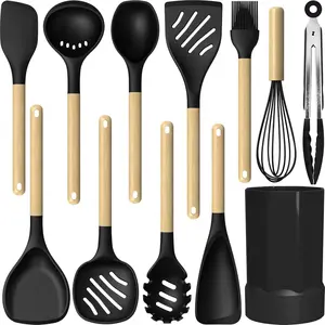 33 PCS Non-Stick Silicone Cooking Utensils Set - Heat-Resistant Kitchen Gadgets with Wooden Handle & Holder (BPA Free)