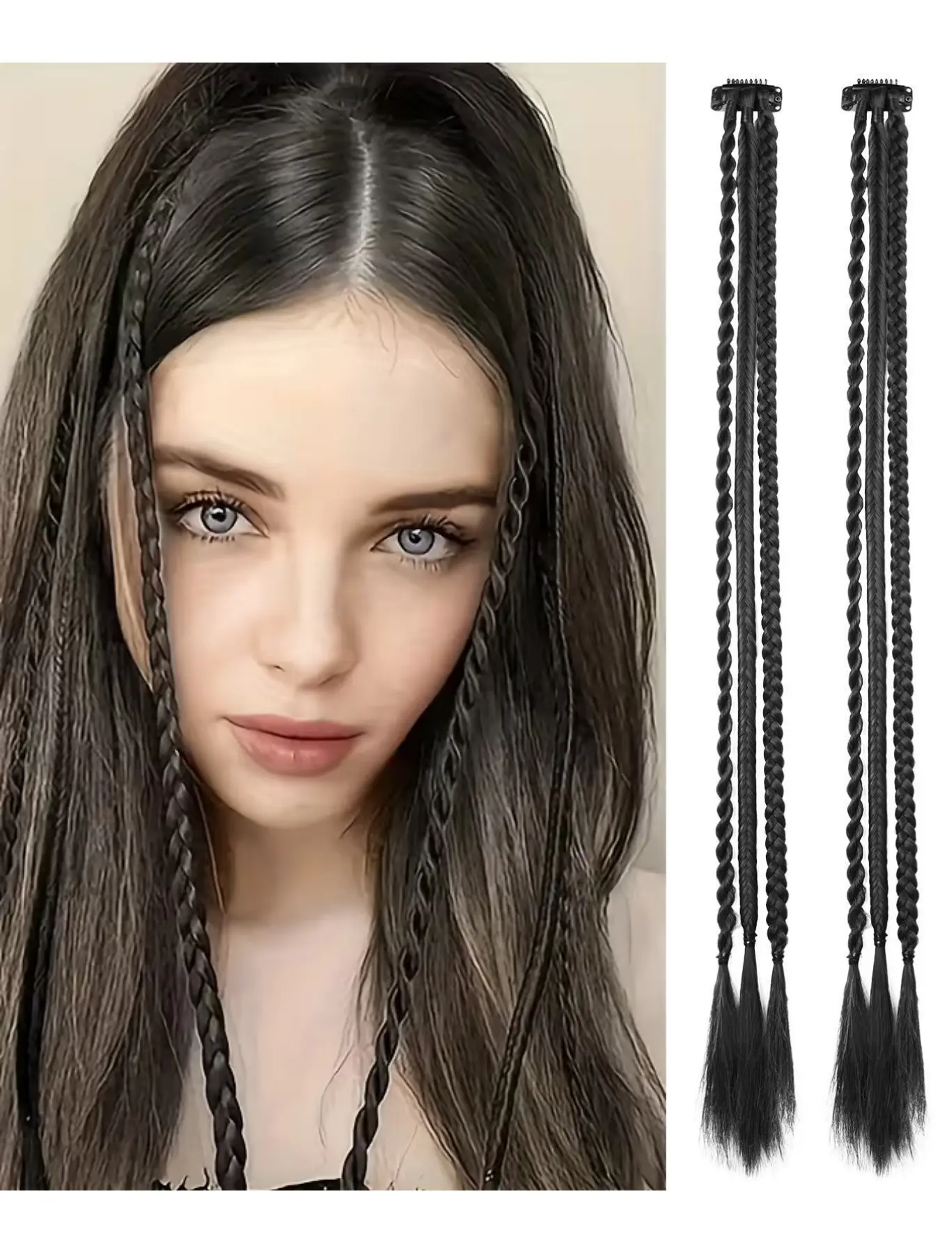 Baby Braids Hair Extensions 3 Braids in One Clip in Hair Extensions Front Side Bang Hair Ponytail 22Inch Natural Soft  Synthetic Hairpieces for Women Kids Girls（2 Clip 6 Braids）