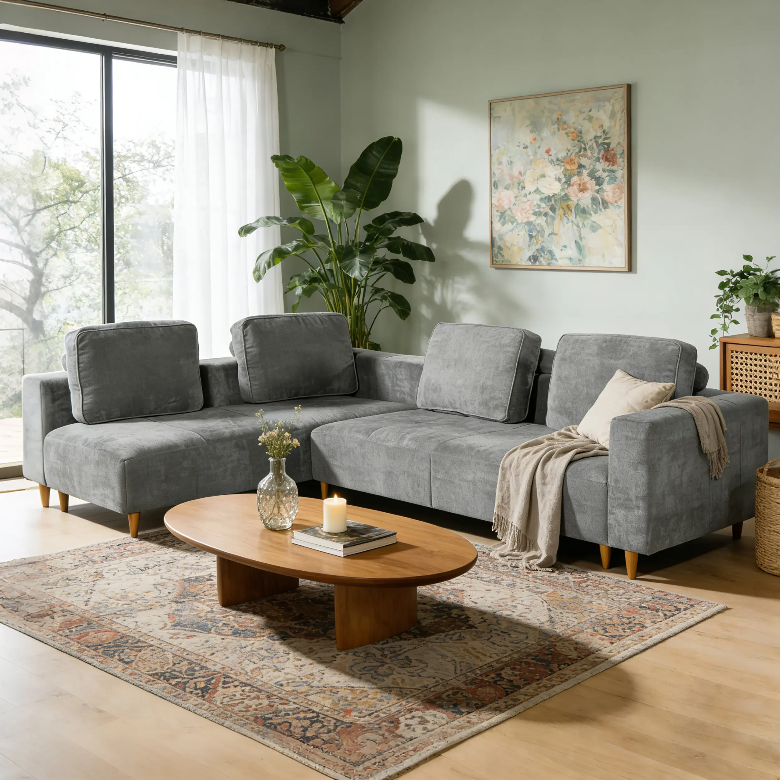 ARCH 2-Piece 109" L-Shape Convertible Sectional Sofa Couch with Wood Legs, Gray Fabric Upholstered Living Room Furniture Set, Modern L-Shaped Couch for Apartment, Family Room, Easy Assembly, Living Room Furniture for Apartment, Lounge, Family Room