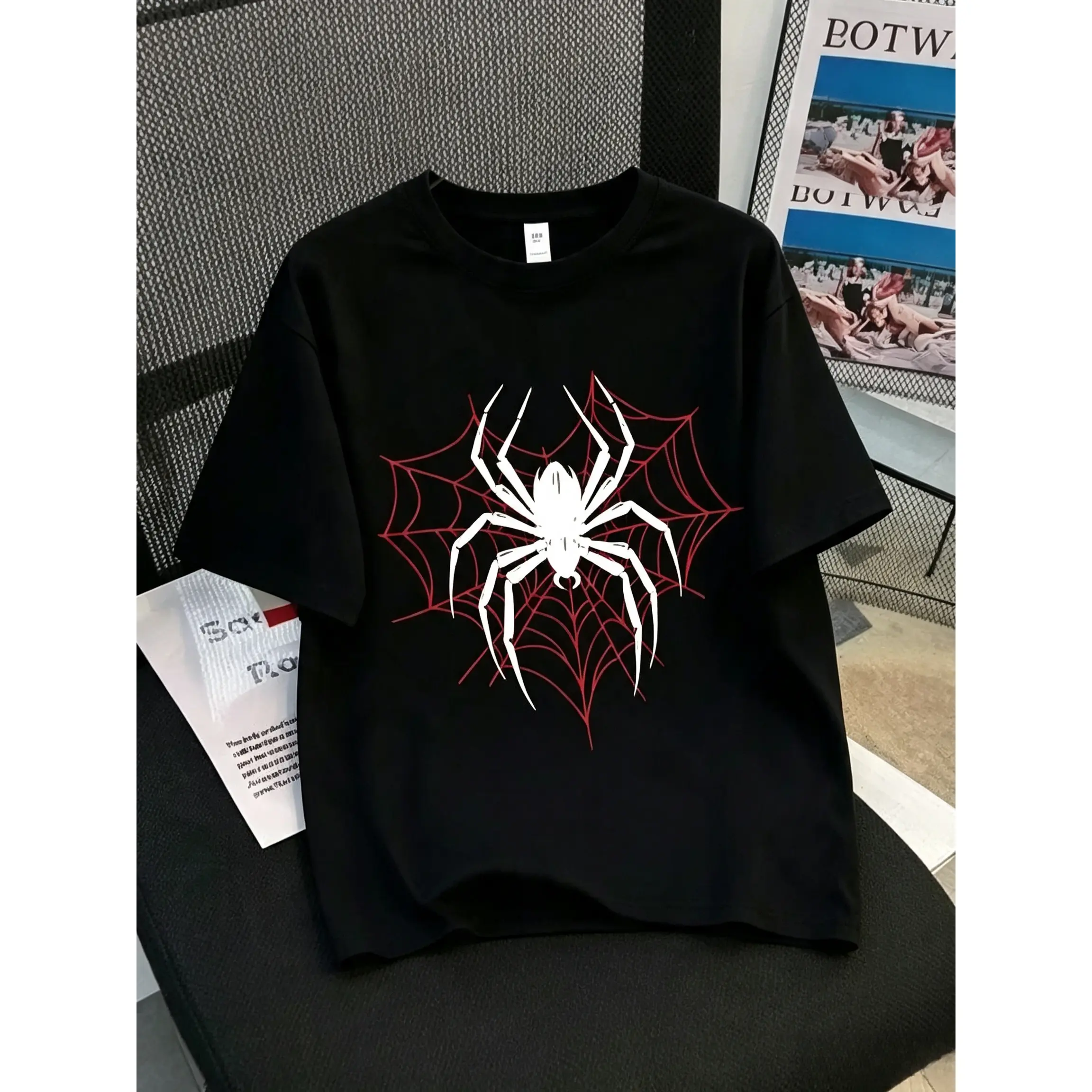 Oversize Streetwear T-Shirt with Spider Web Graphic Print, Unisex Soft Cotton Shortsleeve Round Neck for Grunge & Hip Hop Outfits, T Shirts, Graphic Shirts, Streetwear Clothing