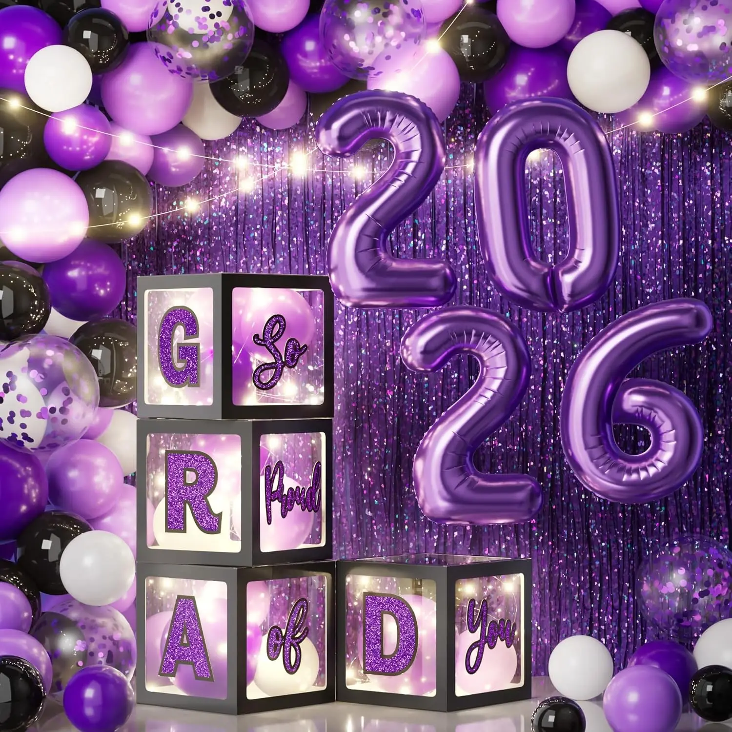2026 Graduation Decorations, 86PCS Black Purple Graduation Party Decoration Supplies Grad Balloon Arch Kit with Led Light Strings, Balloon Boxes with Letters & Foil Curtains for High School College