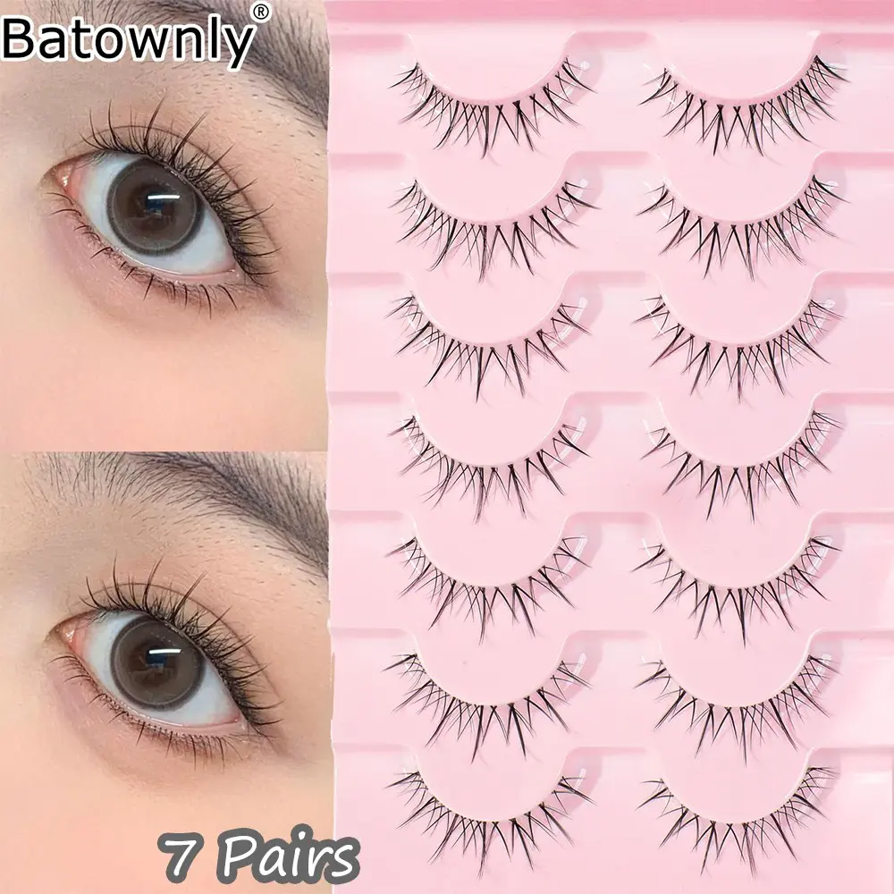 7 Pairs Natural Lashes, Manga Eye Look, Ultra-Natural Fine Lashes, Transparent Strip, Crossed False Eyelashes 12mm, Perfect for Everyday Wear