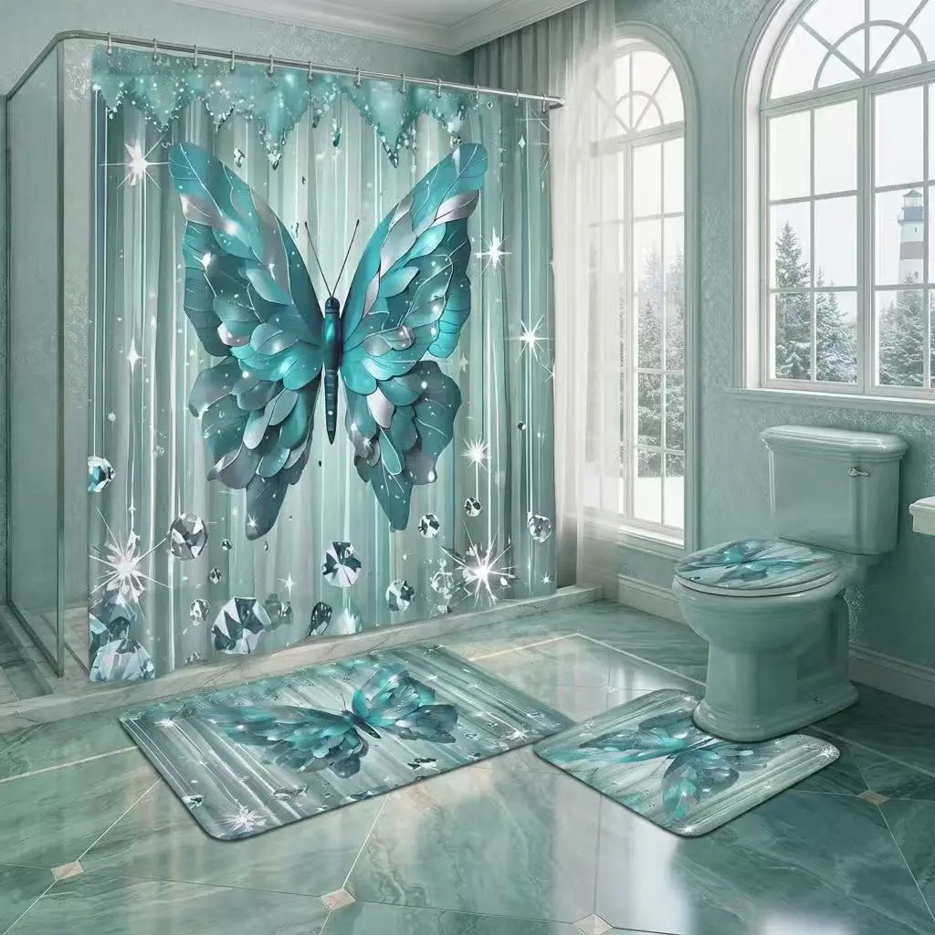 Emerald Fairy Butterfly Shower Curtain Set – Sparkling Teal Wings with Crystal Accents & Starry Glow, Enchanted Forest Bathroom Decor for Winter Wonderland, Christmas & Magical Holiday Styling