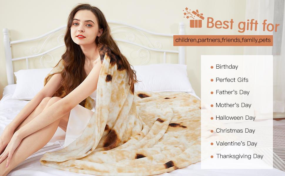 Burrito Tortilla Blanket 60in, Sided Super Soft Flannel Throw, Gag Novelty Tortilla White Elephant Gift for Christmas Adults Kids Couples Parties