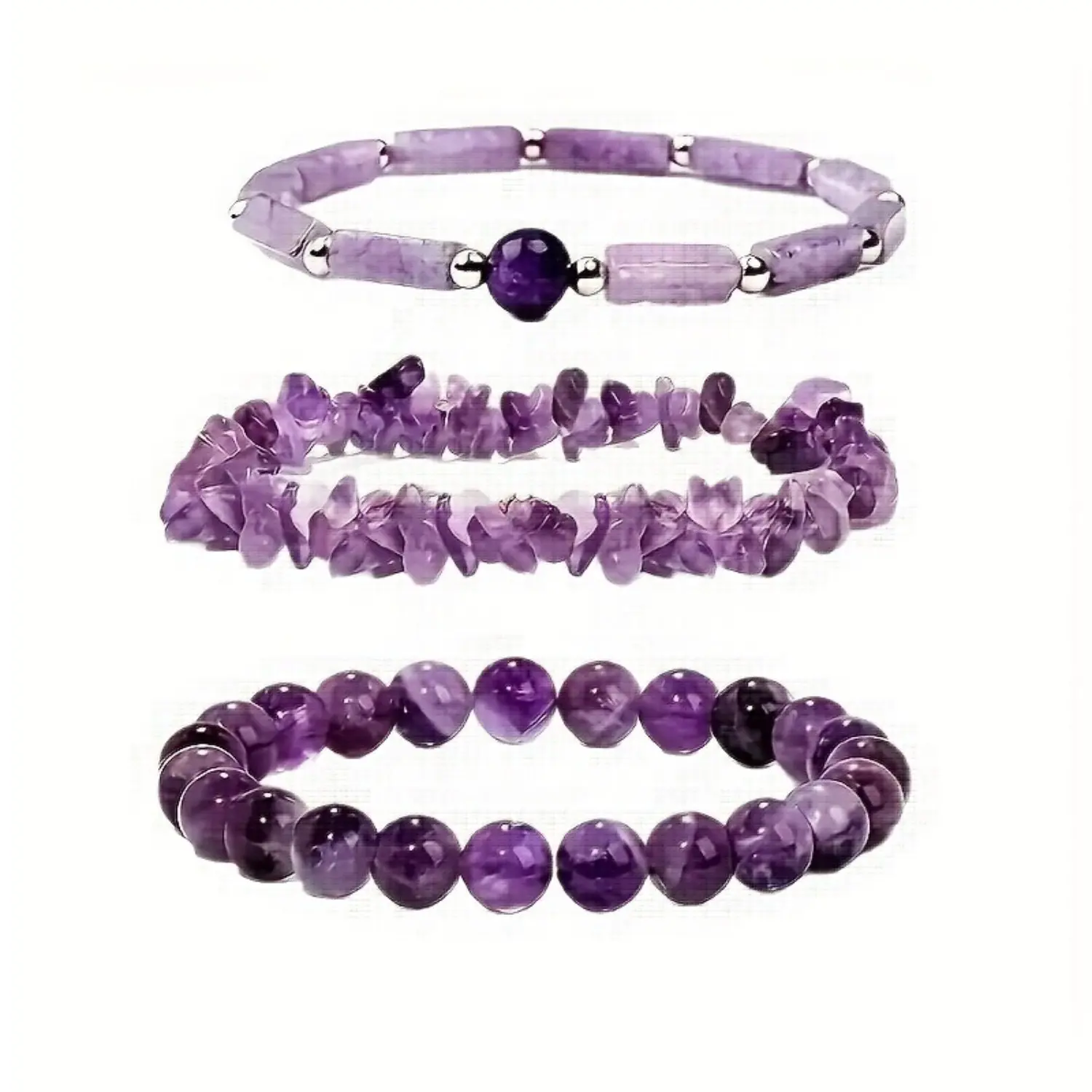 Women's 3Pcs Purple Beaded Stretch Bracelet Set - Irregular Chip, Round Beads Stackable Bracelets, Layered Wrist Costume Jewelry for Daily Wear & Layered Look, Stackable Set