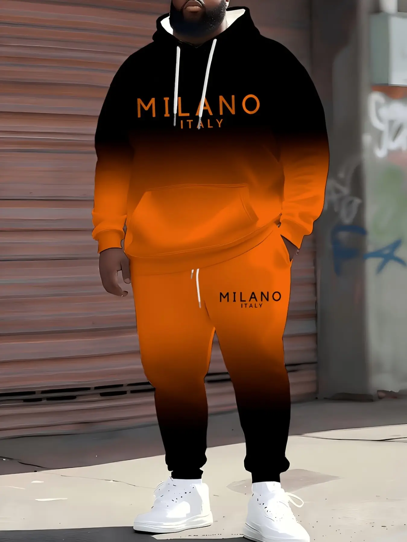 Men's 2-Piece Set Gradient Milan Italy Letter Print Hoodie and Sweatpants, Casual Streetwear, All Seasons