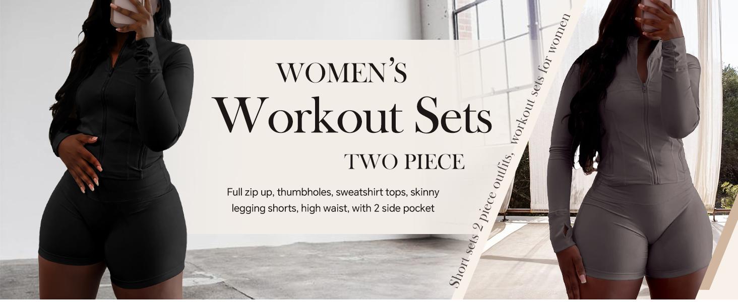 2026 Women Workout Sets 2 Piece Outfits Long Sleeve Zip Sweatshirt Jacket Gym Leggings Biker Shorts Set Tracksuit