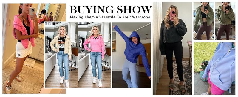 Imily Bela Womens Zip Up Sweatshirts Fleece Lined Collar Crop Hoodie Casual Cotton Long Sleeve Tops with Thumb Hole