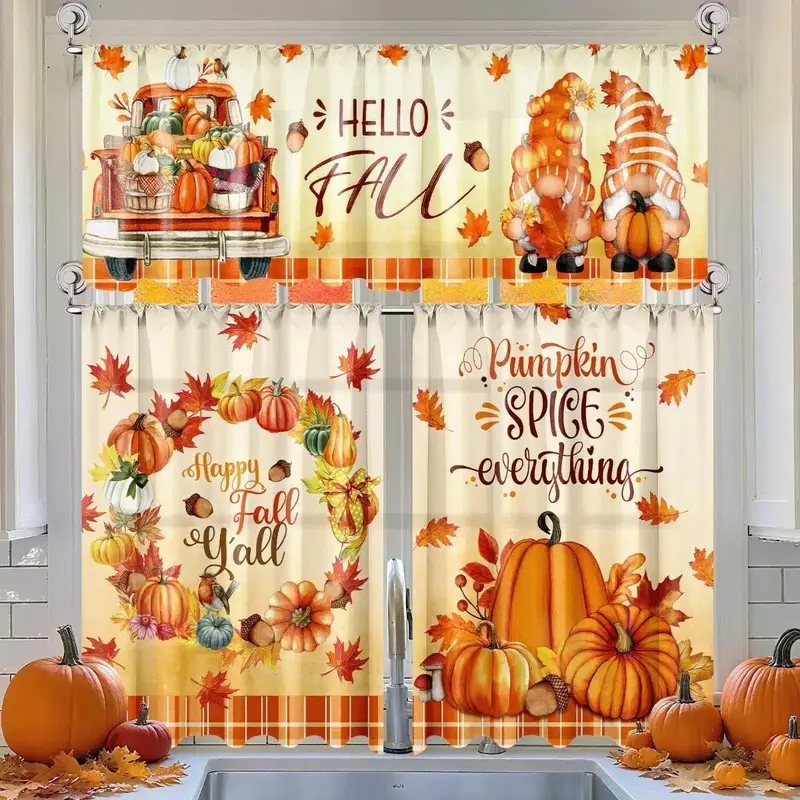 3-Piece Fall Halloween Kitchen Curtain Set – Buffalo Plaid Valance & Tier Curtains with Skull, Bat & Pumpkin Prints for Spooky Season Decor