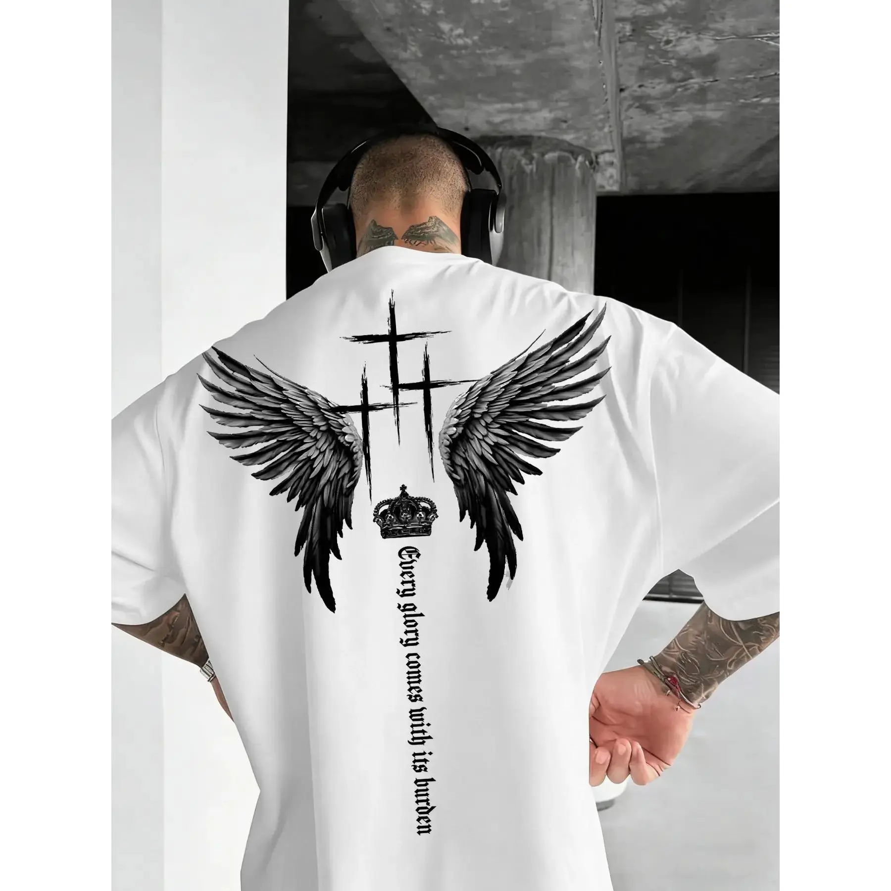 Men's Glory & Weight Saint Wing Cross Faith Print Short Sleeve T-Shirt, Seamless Oversized Loose Fit for Daily, Casual, Streetwear, Street Style, Summer Essential, Menswear