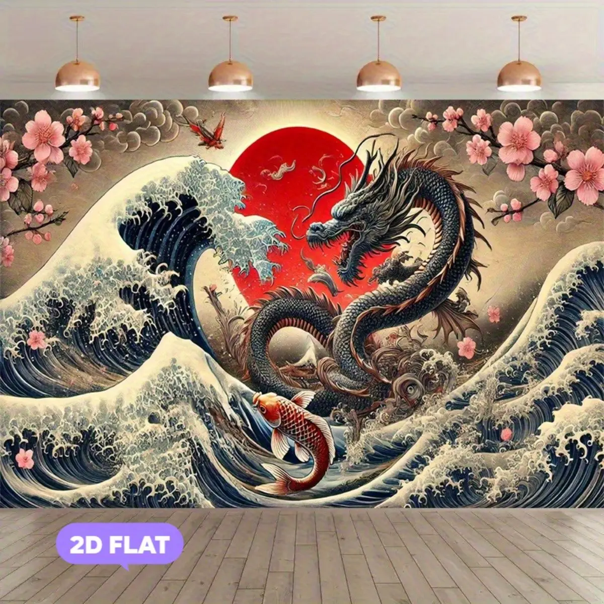 Japanese Wedding Party Banner - Great Wave off Kanagawa, Cherry Blossoms, Dragon, Koi Tapestry - Traditional Wall Decoration, Durable Easy-to-Hang Asian Artwork, Anniversary Gifts - 2D Flat Surface, No Electricity Required, Birthday, Arch Panel Festive Ba