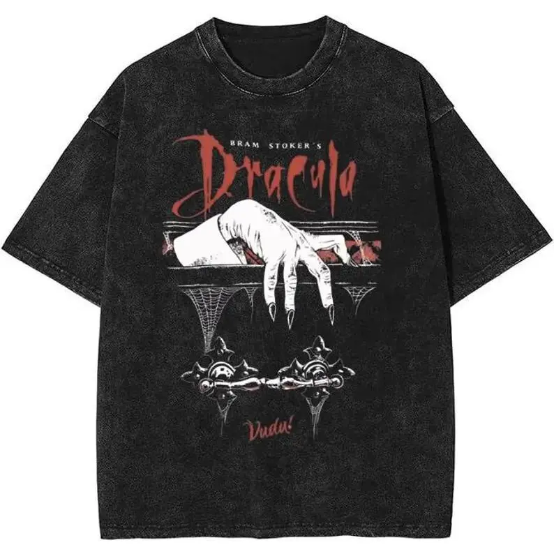 Women's Acid-Washed Bram Stoker's Dracula Graphic T-Shirt - Basic Athletic Horror Top, Goth Gifts Item, Cold Wash, Fashion