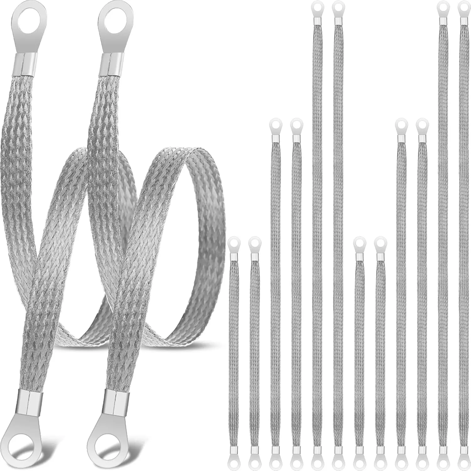 12 Pcs Ground Straps, 10/15/20 Inch Engine Universal Automotive Grounding Cable Straps Kit with Ring Terminals Flat Braided Copper Tinned Copper Ground Wire for Most Cars(Silver)