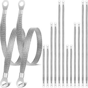 12 Pcs Ground Straps, 10/15/20 Inch Engine Universal Automotive Grounding Cable Straps Kit with Ring Terminals Flat Braided Copper Tinned Copper Ground Wire for Most Cars(Silver)