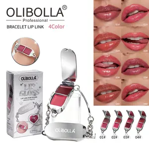 1PC Viral Ins Trending 4 Colors OLIBOLLA Bracelet Lip Gloss 2IN1 Mirror Hydrating Long Lasting Mini Metal Chain Portable Lip Tint Palette For Daily Commute Date Touch Up Cosmetic Gift