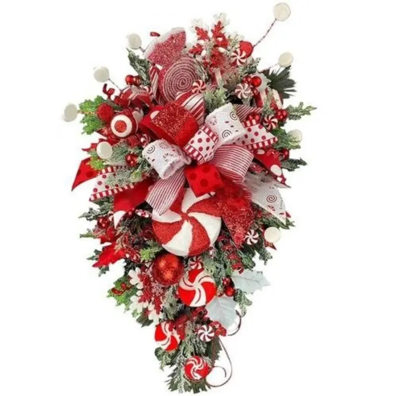 Peppermint Candy Cane Christmas Wreath, Frosted Pine Branch Winter Front Door Hanging Decor, Rustic Style Holiday Gift