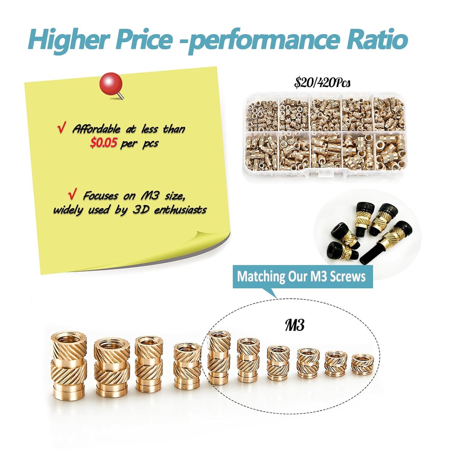 420 count M3 M4 M5 Threaded Inserts Assortment Kit for 3D Printing Components, Metric Brass Knurled Nuts, Insert by Heat into Plastic Parts