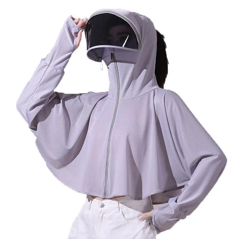 Women's Summer UV-Protective Cycling Coverall - Ice Silk Fabric, Loose Fit, Cape Hood, Detachable Visor, Full UV Block, Breathable, Silk-Style Shirt, Bike Helmet Sunshade Neck Hat for Outdoor Cycling Camping