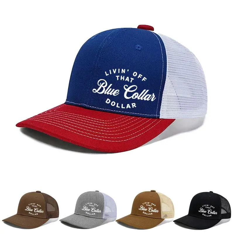 Livin Off That Blue Collar Dollar Patriotic Trucker Hat, Red White Blue Mesh Back Baseball Cap, Adjustable Snapback Hat for Blue Collar Workers Men