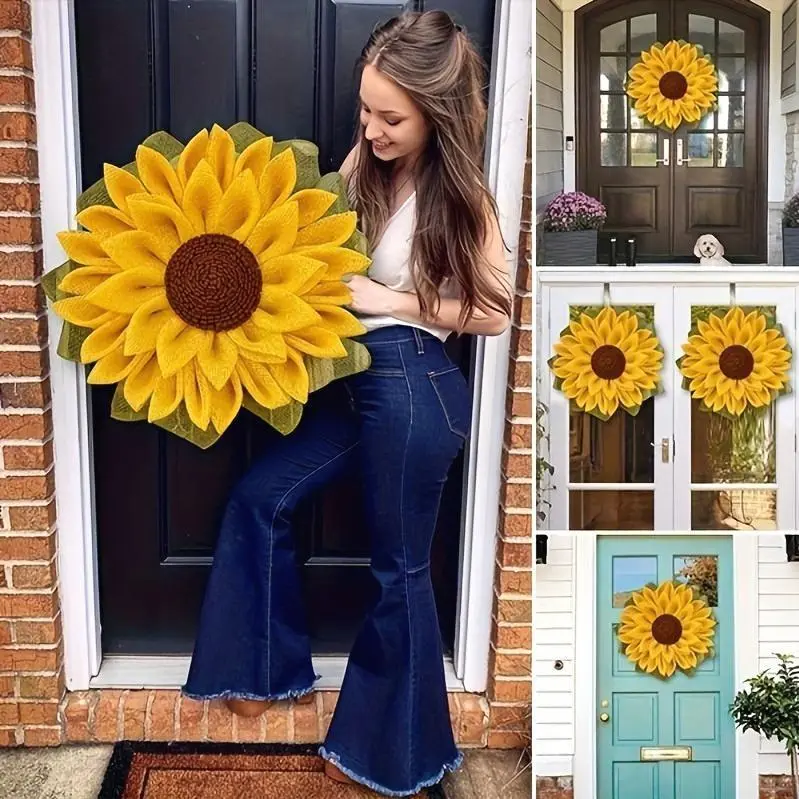 Sunflower Wreath Seasonal Decor, Door Wall Hanging Wreath, for Indoor Outdoor Home Office Wall, Wedding Festival Thanksgiving Day Decoration