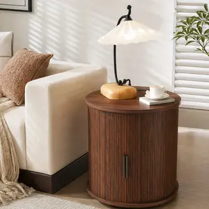 ARCH Mid Century Modern Cylinder End Table with Built-in Charging Station & Sliding Door, 2-Tier Storage Round Nightstand with USB Ports, Walnut Bedside Table for Living Room, Bedroom, Entryway, Multiple Color Options, Black/Oak/Walnut Color Options