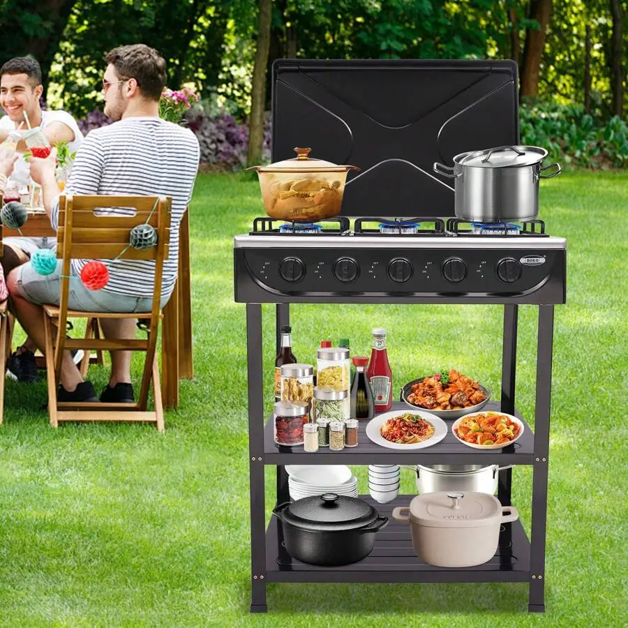 Cast Iron Outdoor Stove, 5-Burner Freestanding Die-Casting Cooker with 2-Tier Storage Rack and Manual Ignite, Portable for Camping & Emergency Preparedness