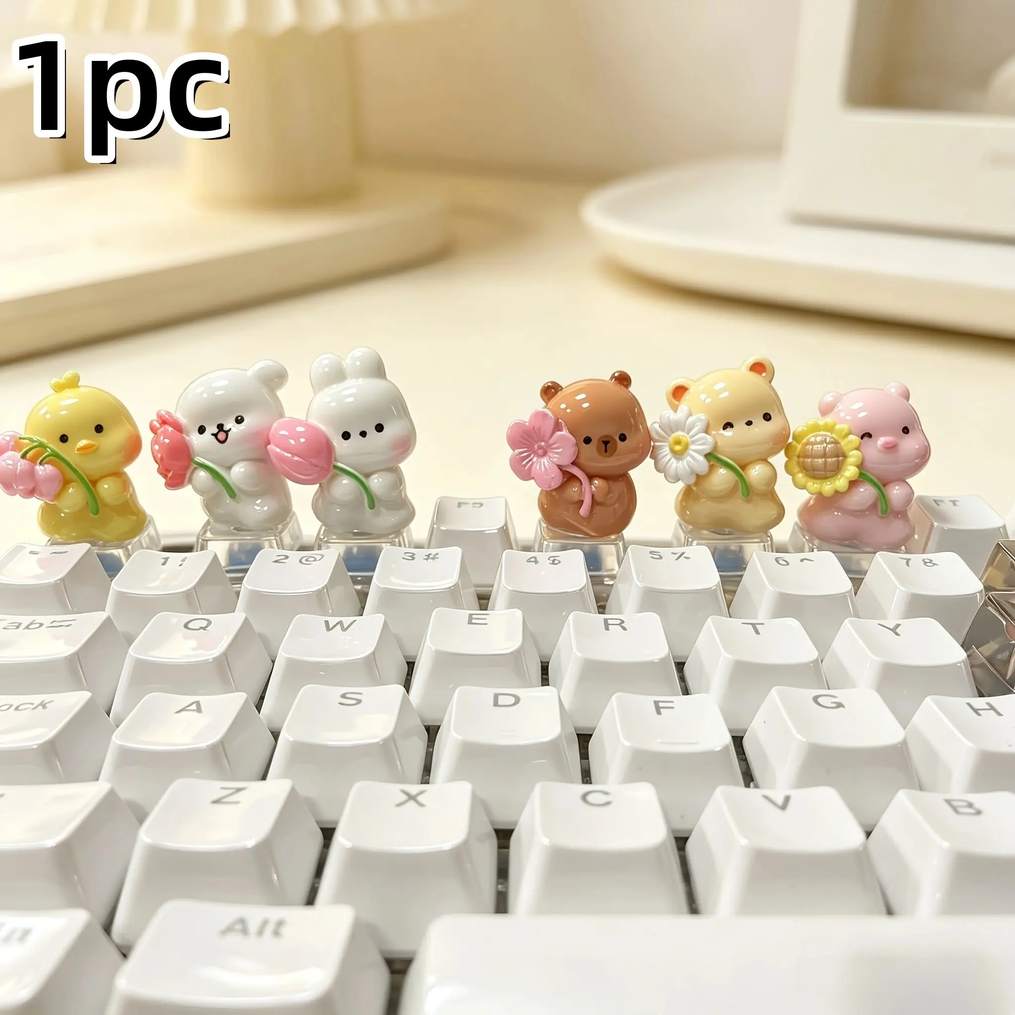 Cute Animal Flower Keycaps, Cartoon 3D Resin Keycaps, Compatible with Cherry Mx Mechanical Keyboard, Ideal Desktop Decoration Gift