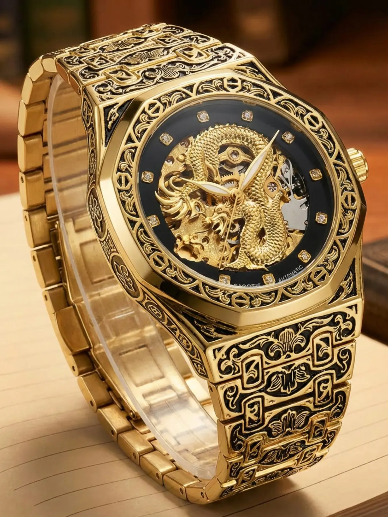 A men's retro carved fine steel strip, rhinestone scale relief gold dragon high-end design style, personalized high luxury octagonal fully automatic mechanical watch, Analog Watch