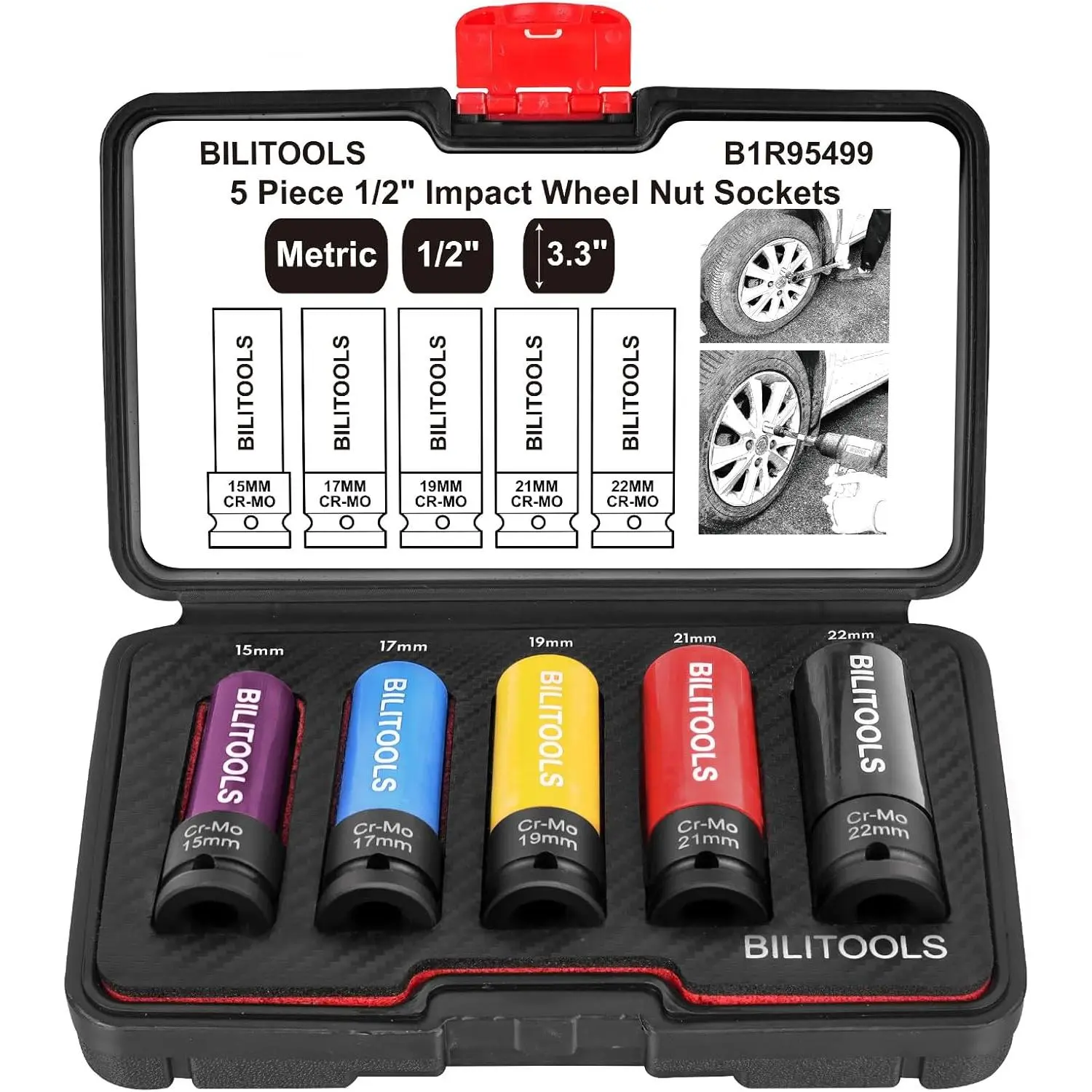 5pcs 1/2'' Drive CR-MO Lug Nut Set, 6-Point Flank Drive, 15-22mm Color-Coded Non-Marring Sleeves, Scratch-Resistant, Compatible with Wrenches for Wheel Removal, Cr-Mo Steel