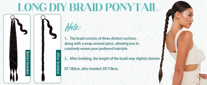 TwiceBeauty 32inch Long Braided Ponytail Extension with Hair Tie Yaki Straight Synthetic Hair Piece for Women Girls Party Daily Use Natural Soft Black