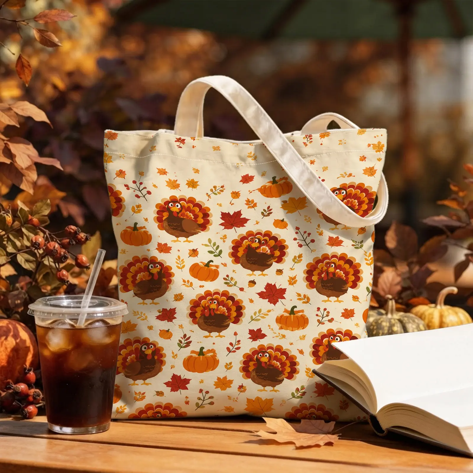1pc Turkey Pumpkin & Maple Leaf Canvas Tote Bag, Rustic Thanksgiving Style, for Women and Girls, Shopping, Travel, Thanksgiving Gathering and Daily Use, Thanksgiving Gift