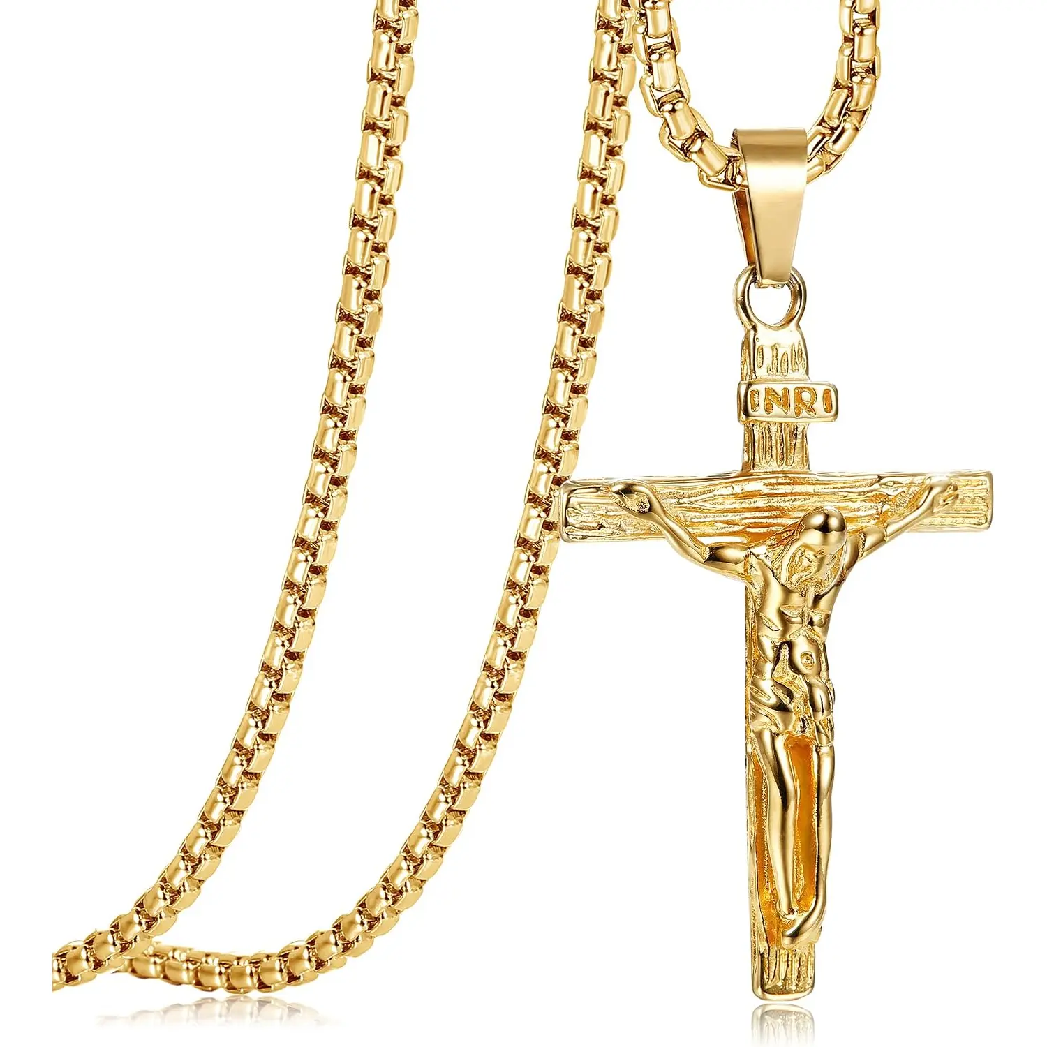 FIASASO Cross Necklace for Men Women Stainless Steel Jesus Crucifix Cross Pendant Venetian Chain 61 CM Gold Religious Jewellery Gift