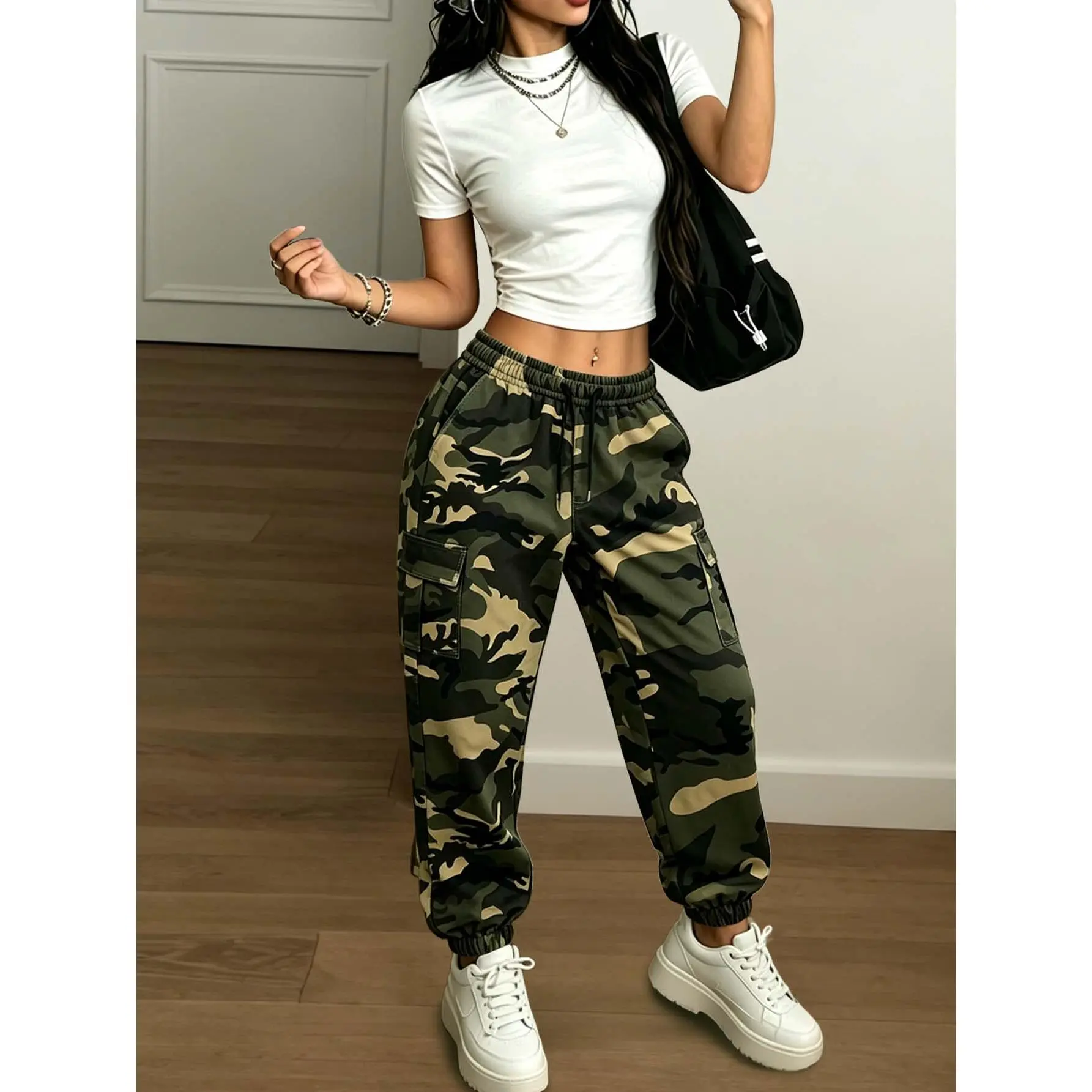 Women Camo Cuffed Cargo Pants Large Patch Pockets Elastic Drawstring Waist Casual Daily Outdoor Long Trousers