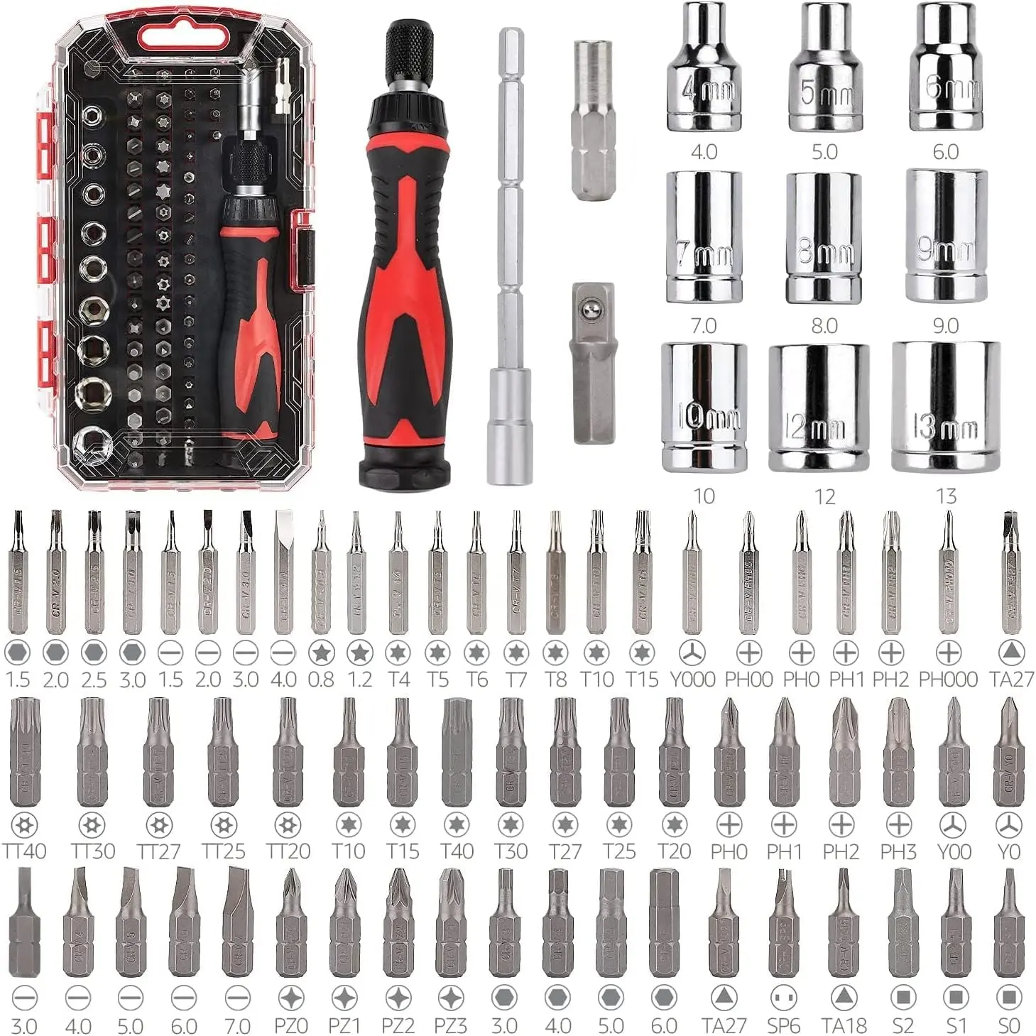 Magnetic Ratcheting Wrench and Electronics Precision Screwdriver Tool Set, 73-Piece, with Carry Case for Household Repair, Small Jobs, Eyeglasses, Black/Red/Silver