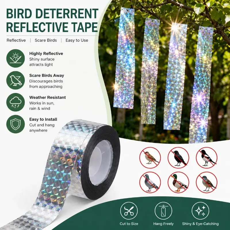 Reflective Bird Deterrent Ribbon, Dual-Sided Diamond Pattern Flashing, Outdoor Fruit Garden Bird Scare Tool, Effective Bird Control Solution