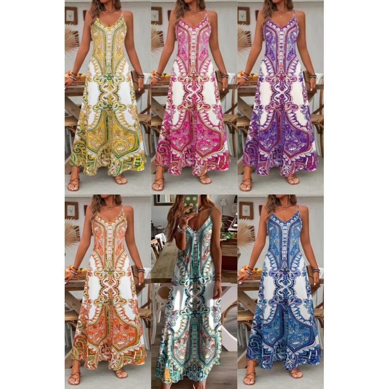 Women's Summer Vintage China Print Casual Long Dress – Loose Beach Cover-Up, Adjustable Spaghetti Strap Flowy Artistic Sundress