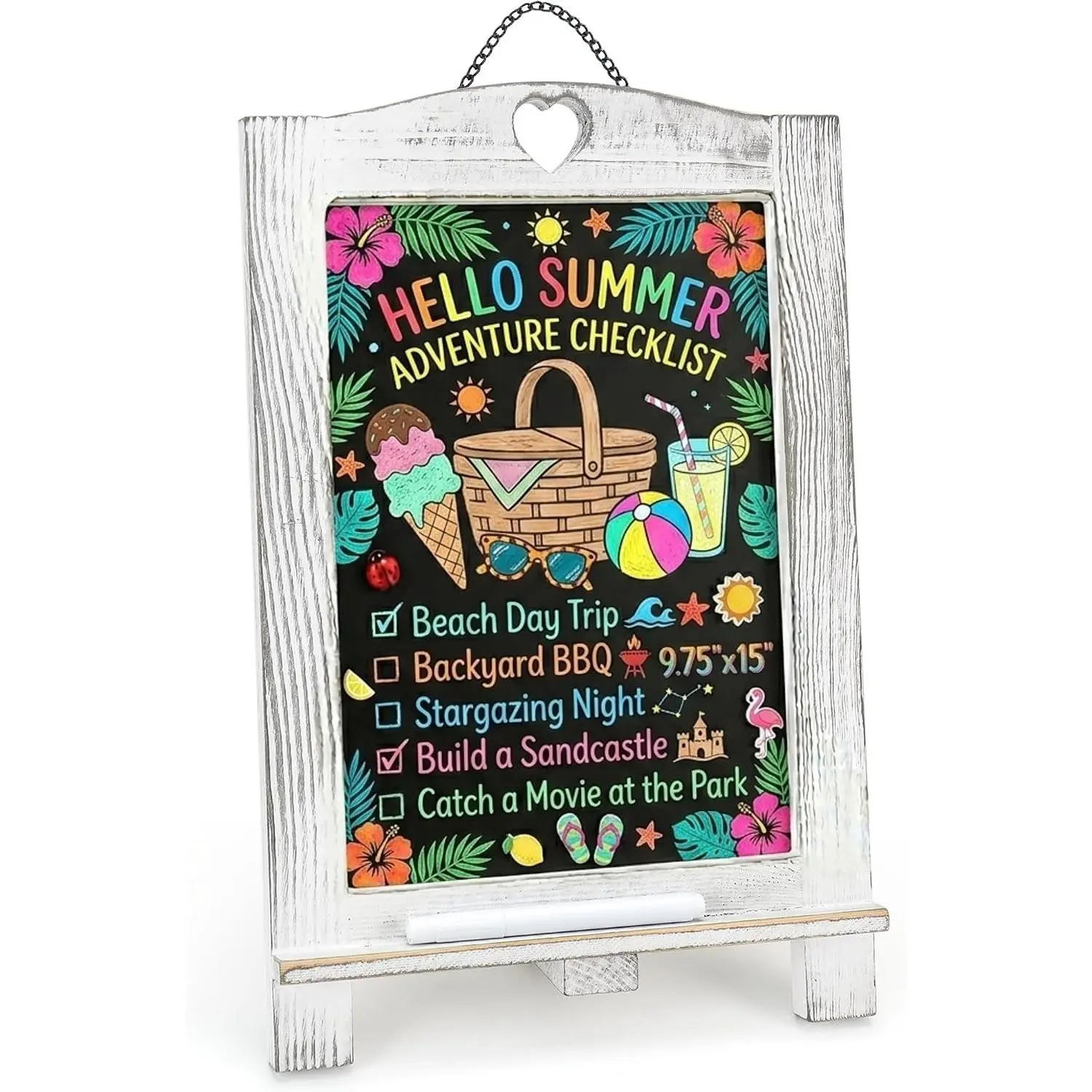 15"x10" Magnetic Chalk Board Sign with Stand - Rustic Whitewash Wood Frame Tabletop Easel, Small Hanging Chalkboard for Kitchen Menu, Wedding Decor, Office & Kids, 1 Chalk Pen Included