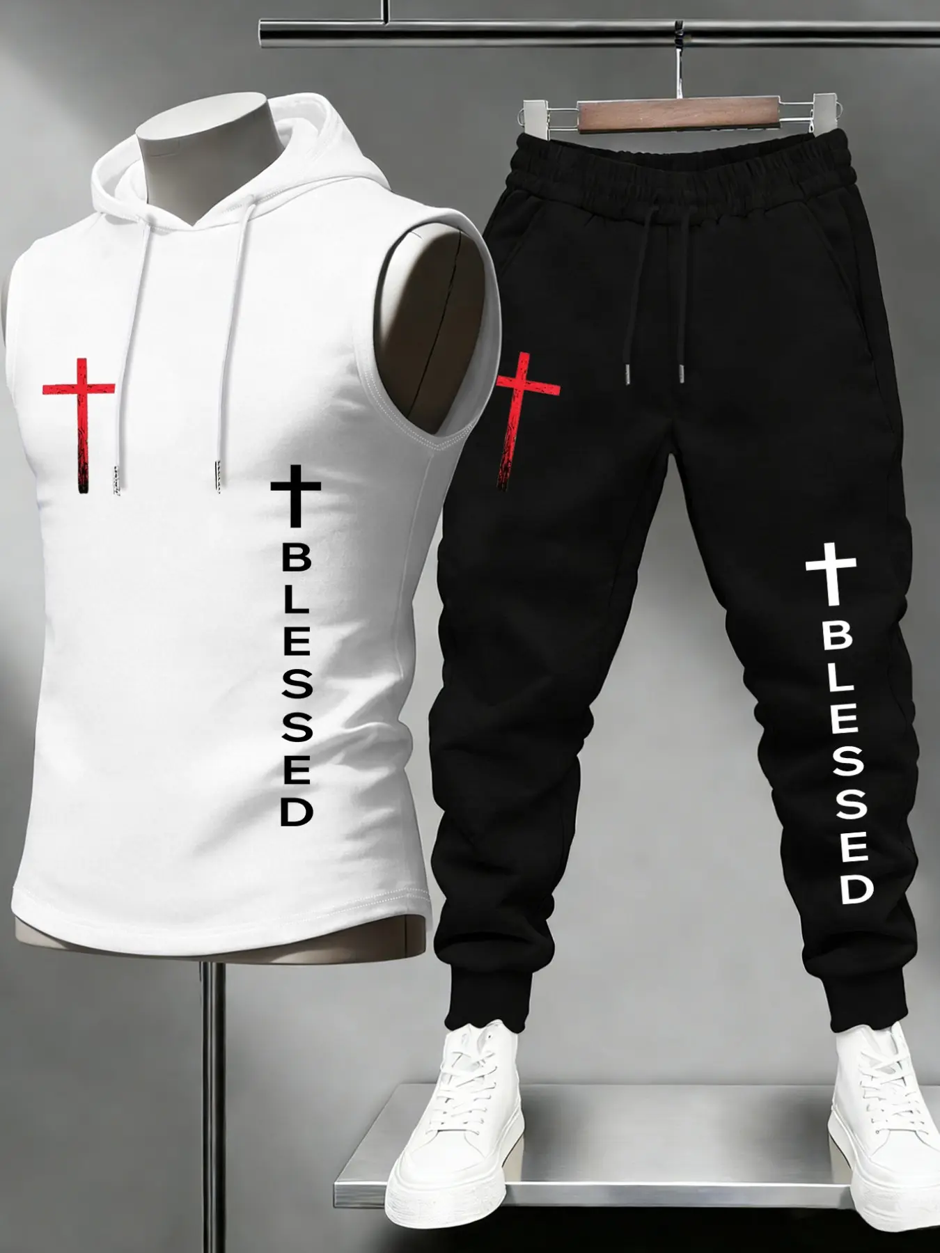 2 Piece Men Matching Tracksuit Sleeveless Drawstring Hooded Tank Top Elastic Cuffed Jogger Pants Cross Blessed Vertical Letter Chest Leg Graphic Print Loose Faith Inspired Streetwear Set For Daily Casual Leisure Outfit#FaithCrossMatchingSet #fyp