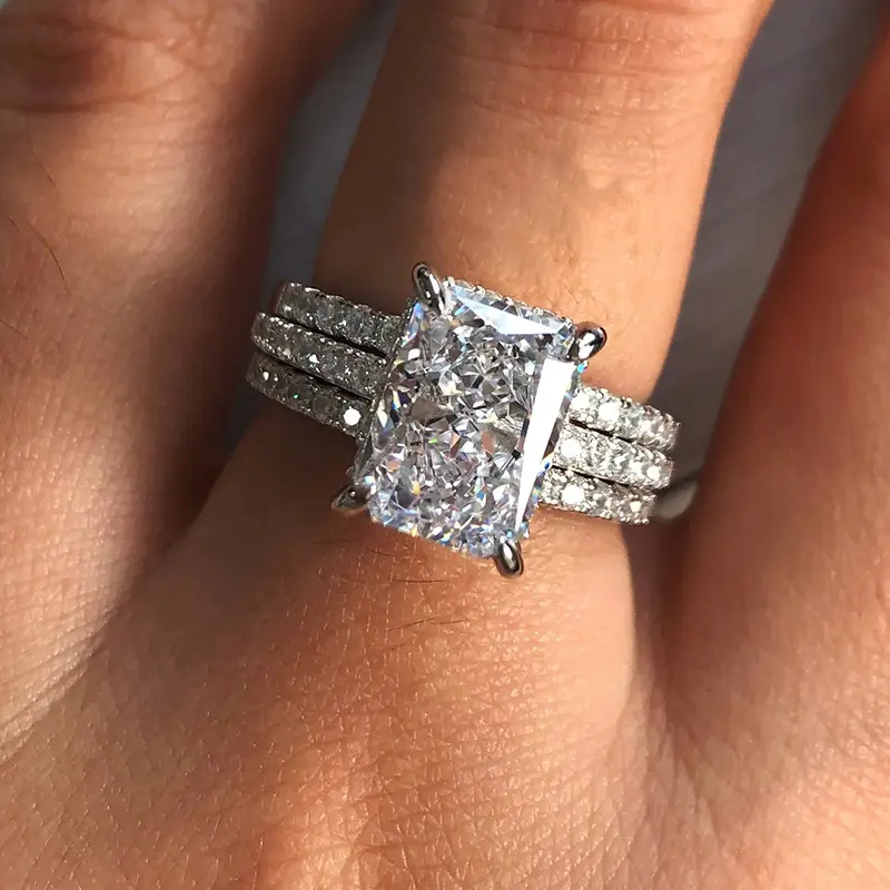 Women's Wedding Ring Sets - Radiant Cut Square Artificial Zircon Engagement Ring with 3 Paved Sides Bands, Shiny Imitation Diamond Costume Jewelry for Proposal, Anniversary Gift