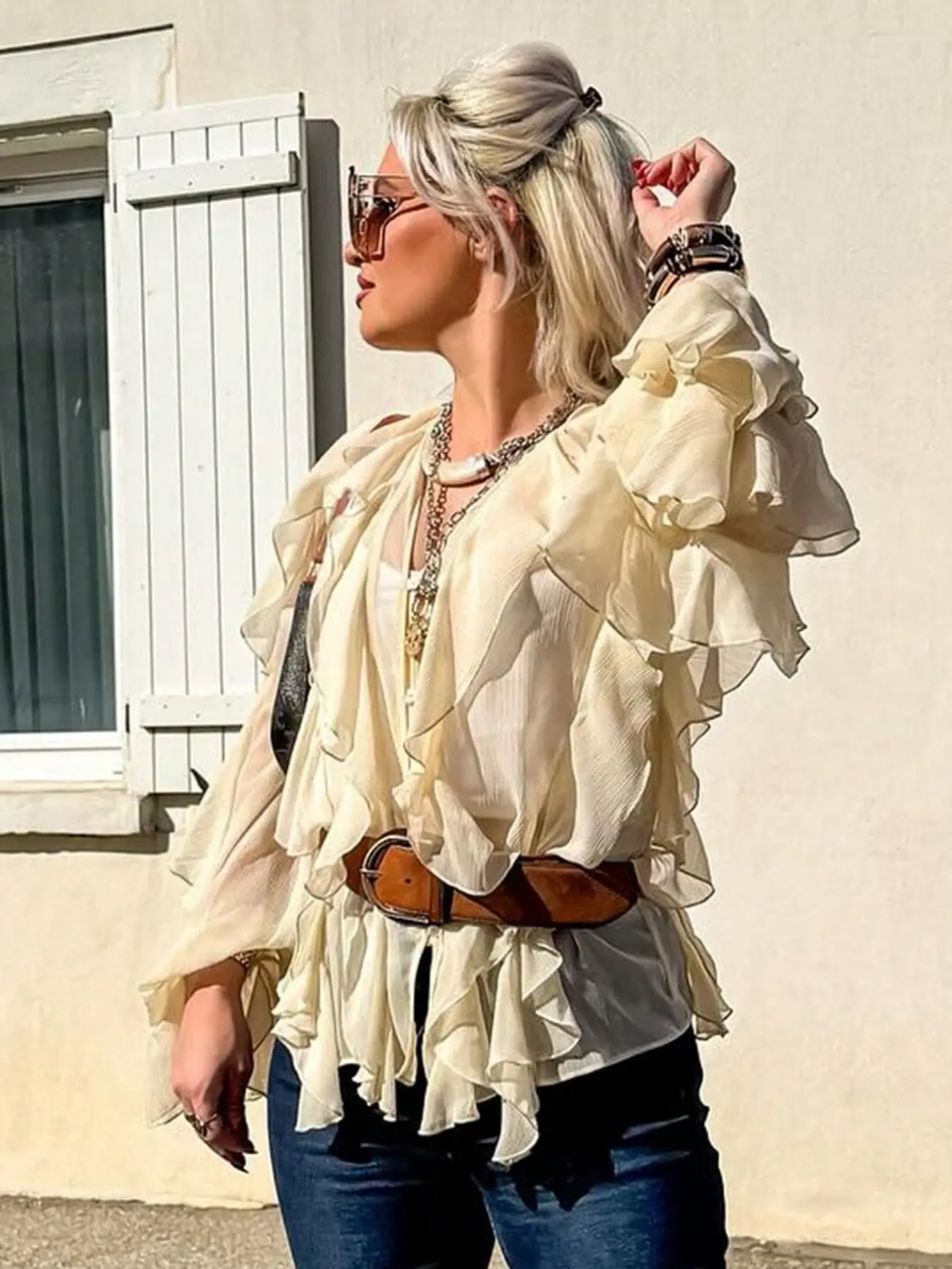 Women's Summer/autumn Casual Elegant Fashion Loose Fit Solid Ruffled Collar Long Sleeve Blouse Shirt Frill Trim Peplum, June Festival Vacation Season