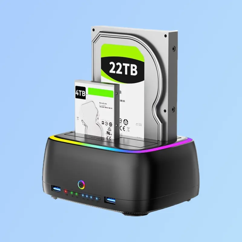 Type-C3.2 Dual Bay Hard Drive Dock Supports 2.5 3.5 HDD M.2 NVMe SSD Offline Copy External Storage Case