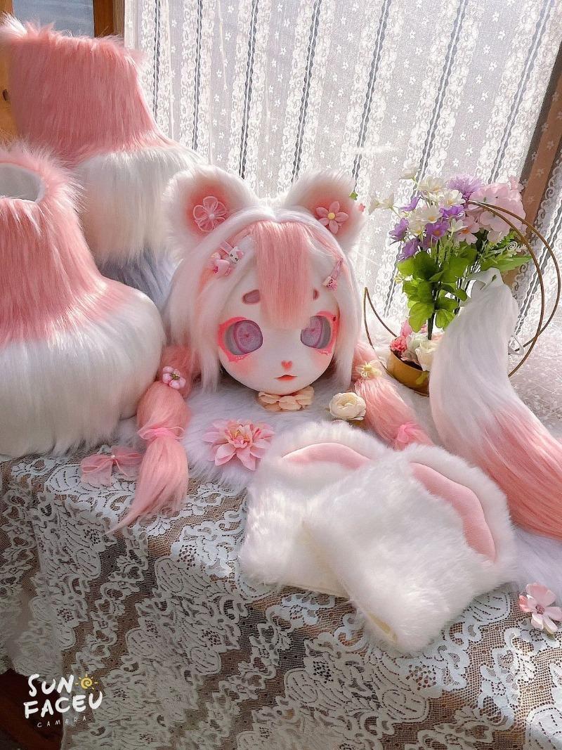 Fursuit Kigurumi Furry Cosplay Costume Pink Little Bear Head Paw Tail Shoes Comiket Furries Doll Kig for Kids Adults Dress up